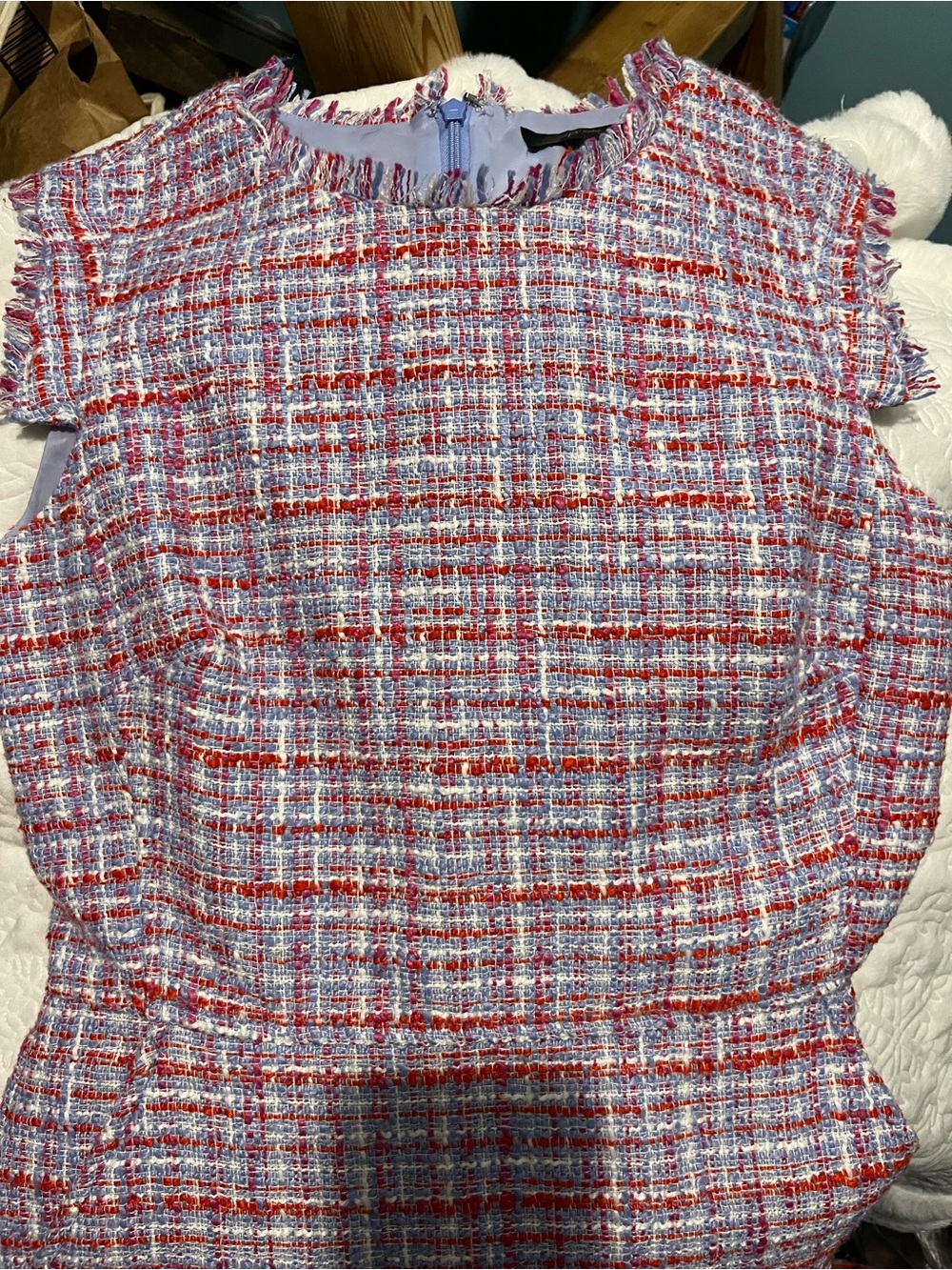 J Crew Classic Tweed Cap-Sleeve Lined Dress in Red & Lavender 4
